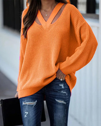 Modefest- Einfarbiger Pullover mit V-Ausschnitt Orange