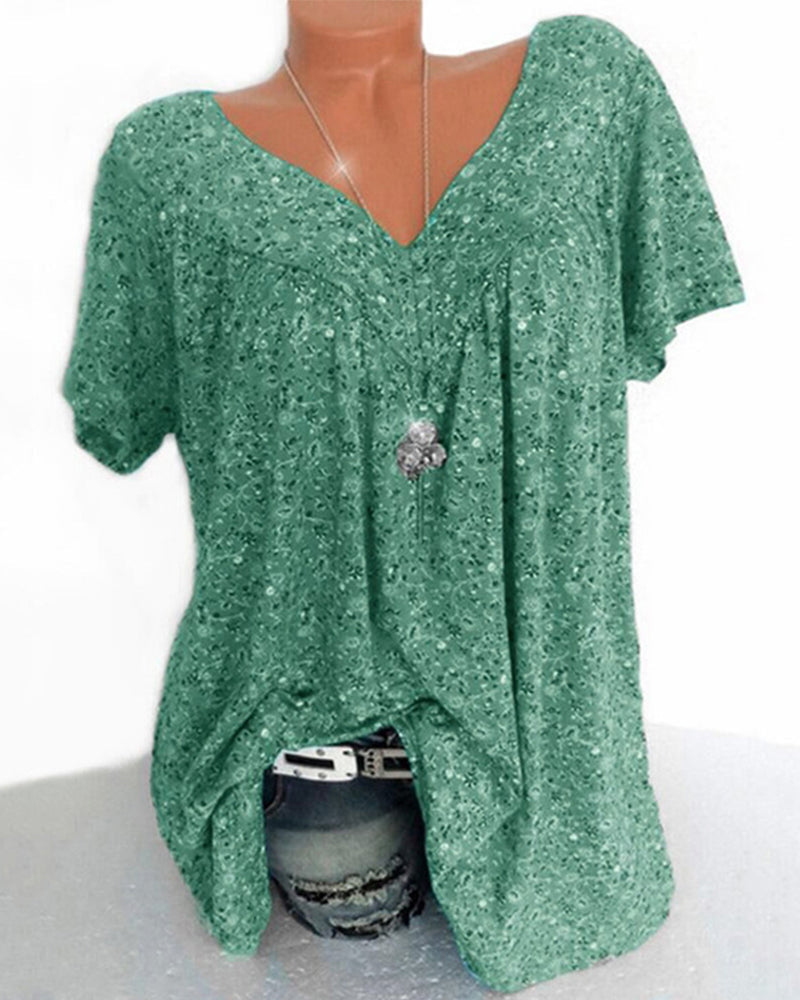 Modefest- Lockeres Kurzarm-T-Shirt mit V-Ausschnitt Grün