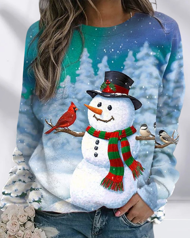 Modefest- Süßes Sweatshirt mit Schneemann-Print für Damen Schneemann und Vogel
