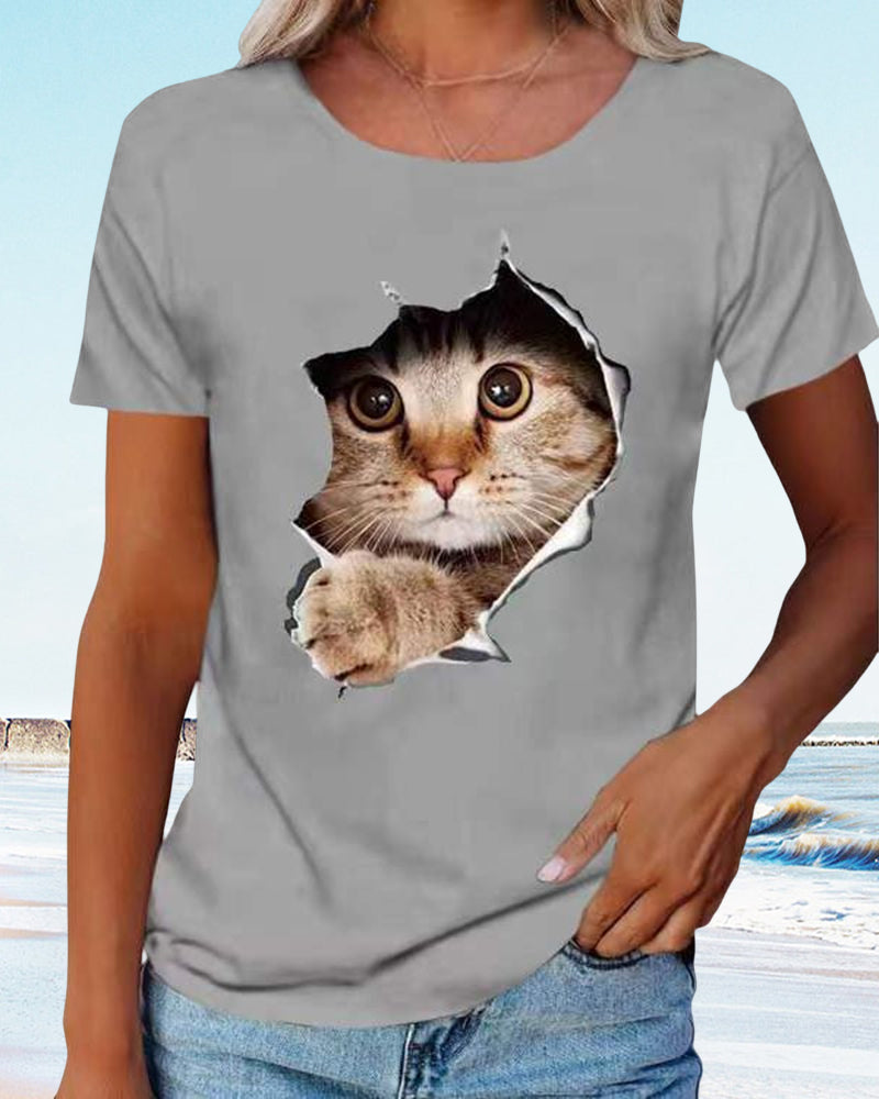 Modefest- T-Shirt mit zerrissenem Katzen-Print Grau