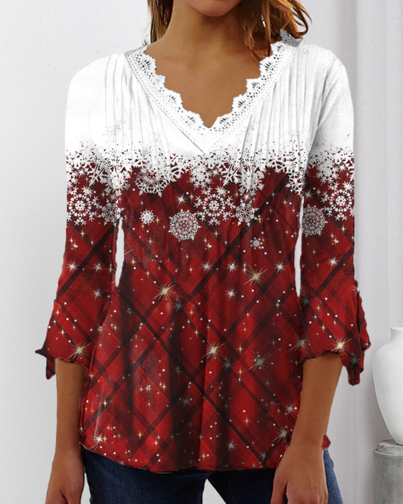 Modefest- Snowflake Print V-Ausschnitt Top