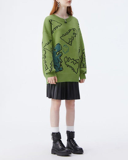 Casual round neck sweater with dinosaur pattern