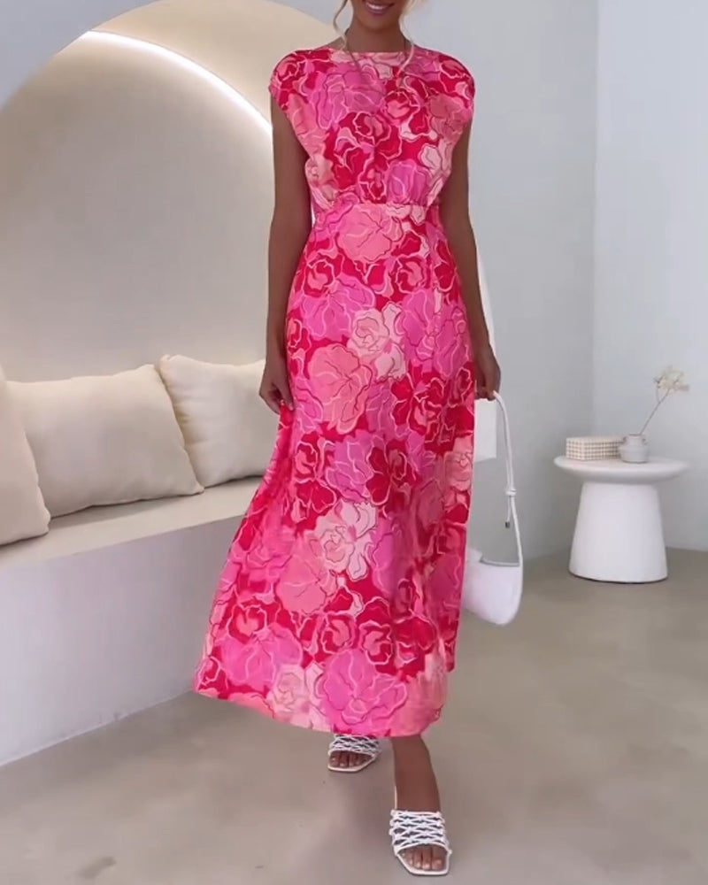 Modefest- Elegantes ärmelloses kleid mit blumendruck und schlitz