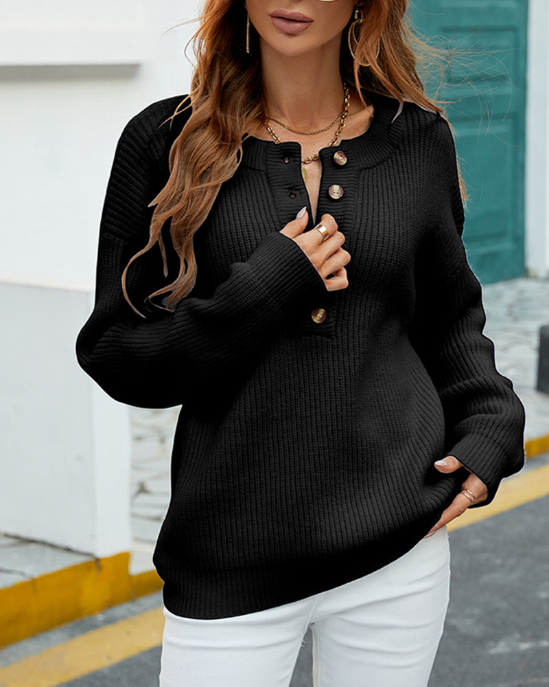 Modefest- Einfarbiger Pullover mit Rundhalsausschnitt und Knöpfen Schwarz