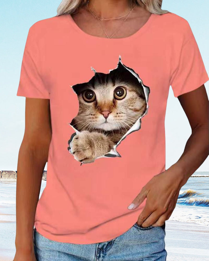 Modefest- T-Shirt mit zerrissenem Katzen-Print Rosa