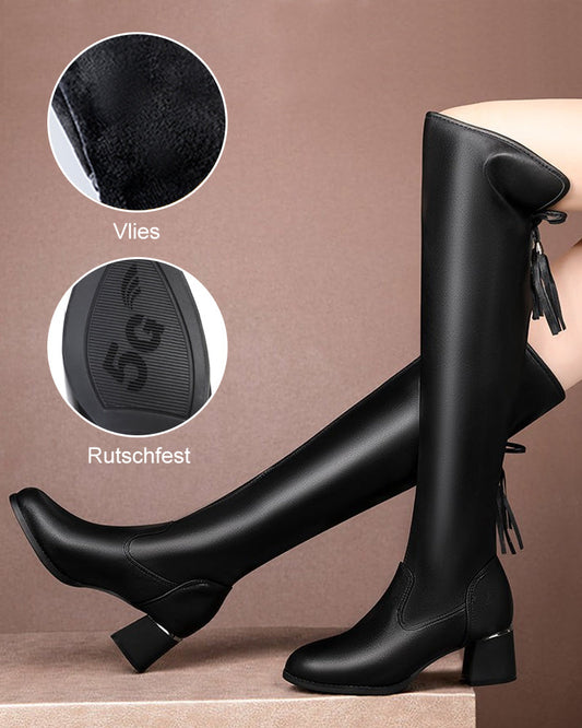 Modefest- Overknee-Stiefel aus Fleece-Stretch mit klobigem Absatz Schwarz
