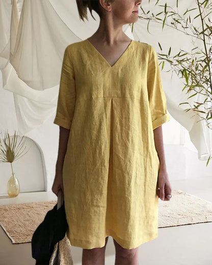 Modefest- Damenkleid mit V-Ausschnitt und kurzen Ärmeln Gelb