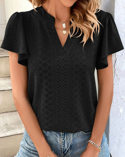 Modefest- T-Shirt mit Rüschenärmeln und V-Ausschnitt Schwarz