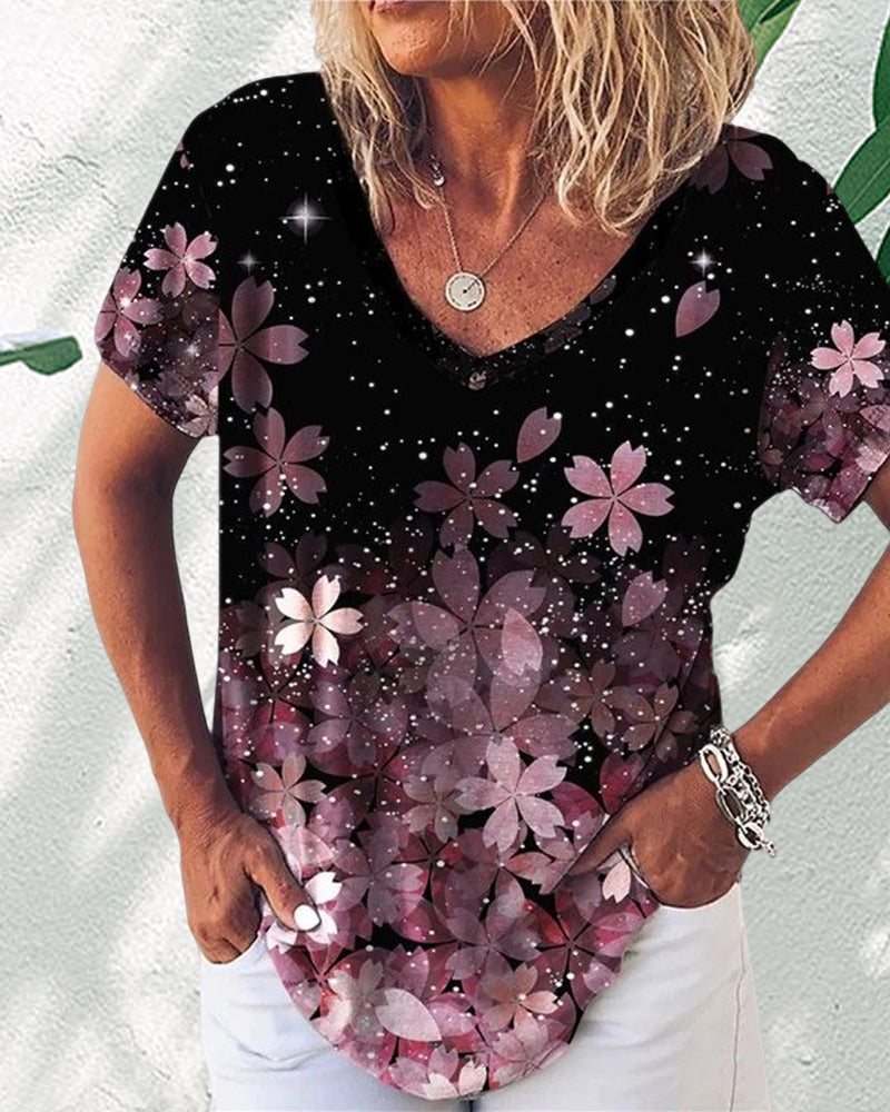 Modefest- T-Shirt mit Blumen- und Karomuster und kurzen Ärmeln Rosa