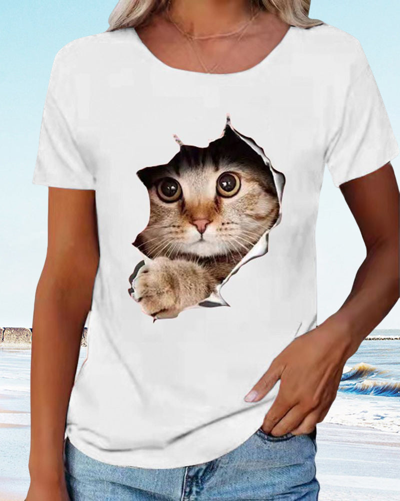 Modefest- T-Shirt mit zerrissenem Katzen-Print Weiß