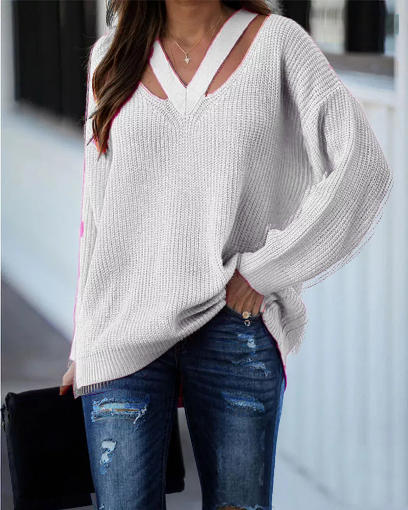 Modefest- Einfarbiger Pullover mit V-Ausschnitt Weiß