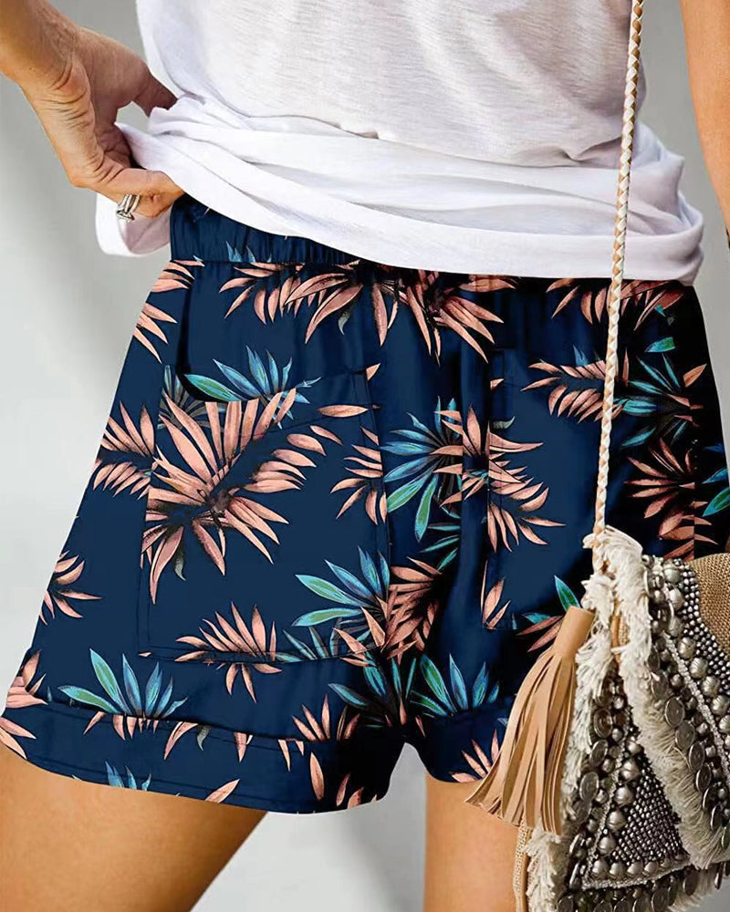 Modefest- Bunte Shorts mit Blumendruck Blau