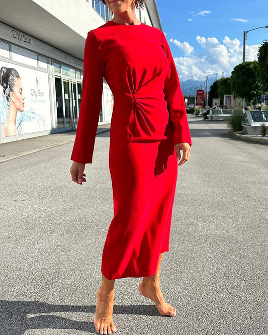 Modefest- Unifarbenes Rundhalsausschnitt Freizeitkleid Rot