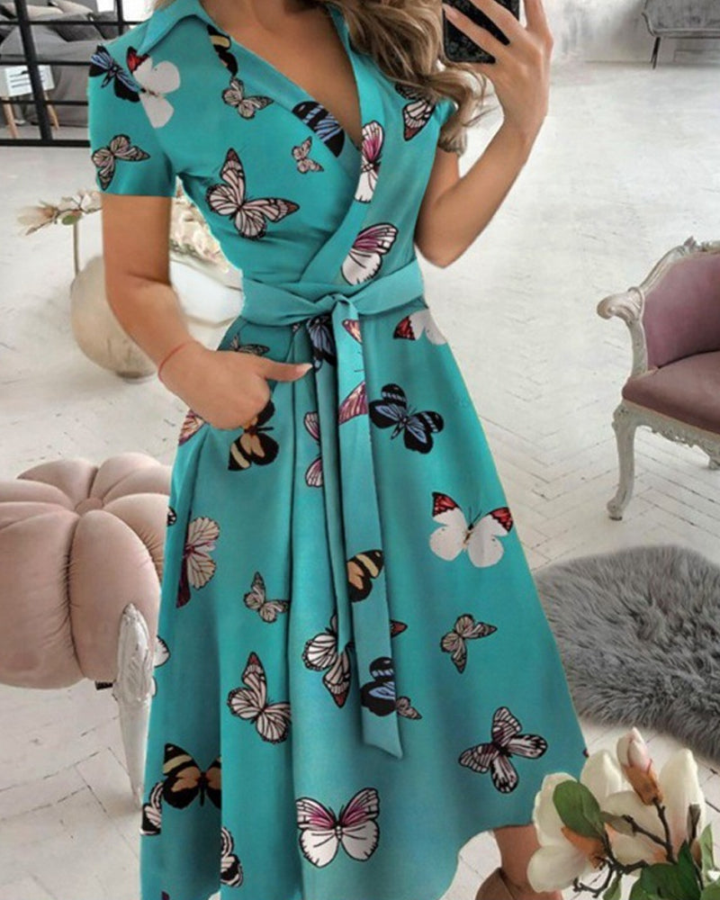 Modefest- Kleid in A-Linie mit kurzen Ärmeln Schmetterlingsmuster