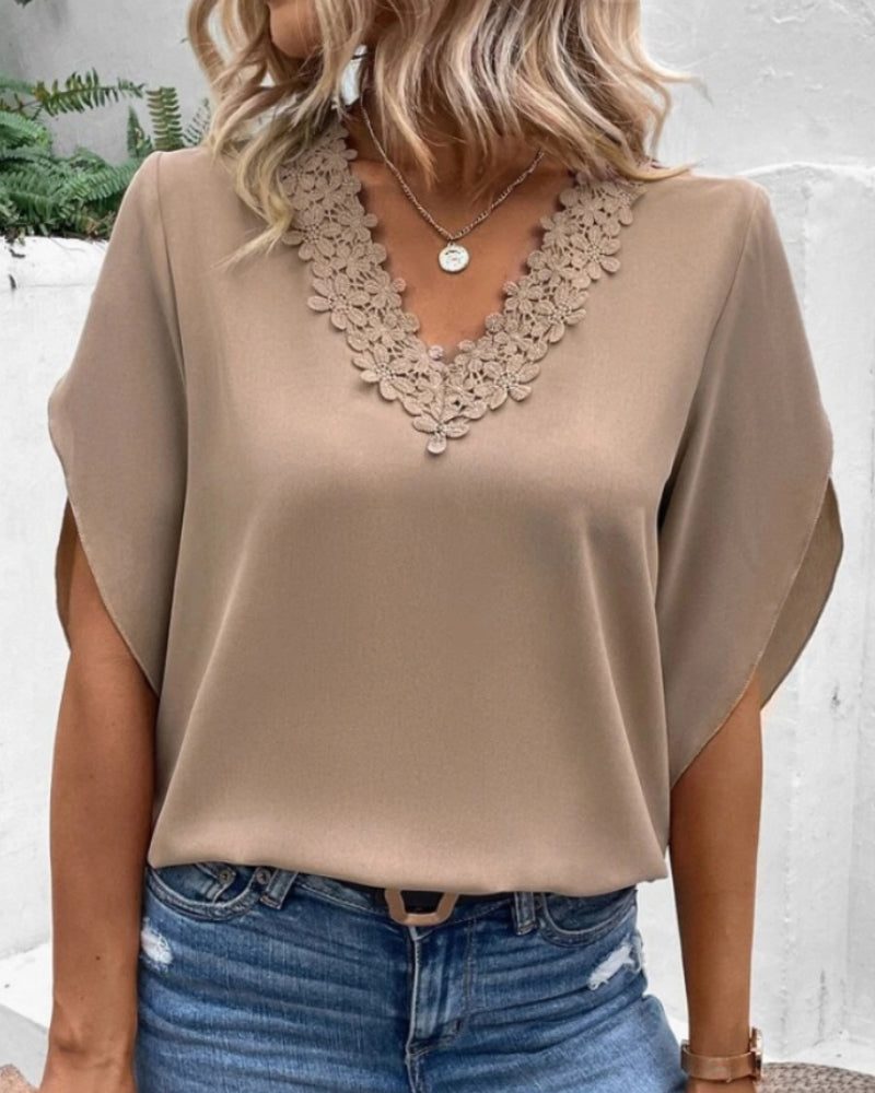 Modefest- Elegantes Top mit V-Ausschnitt aus Spitze Khaki