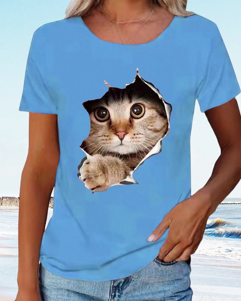Modefest- T-Shirt mit zerrissenem Katzen-Print Himmelblau