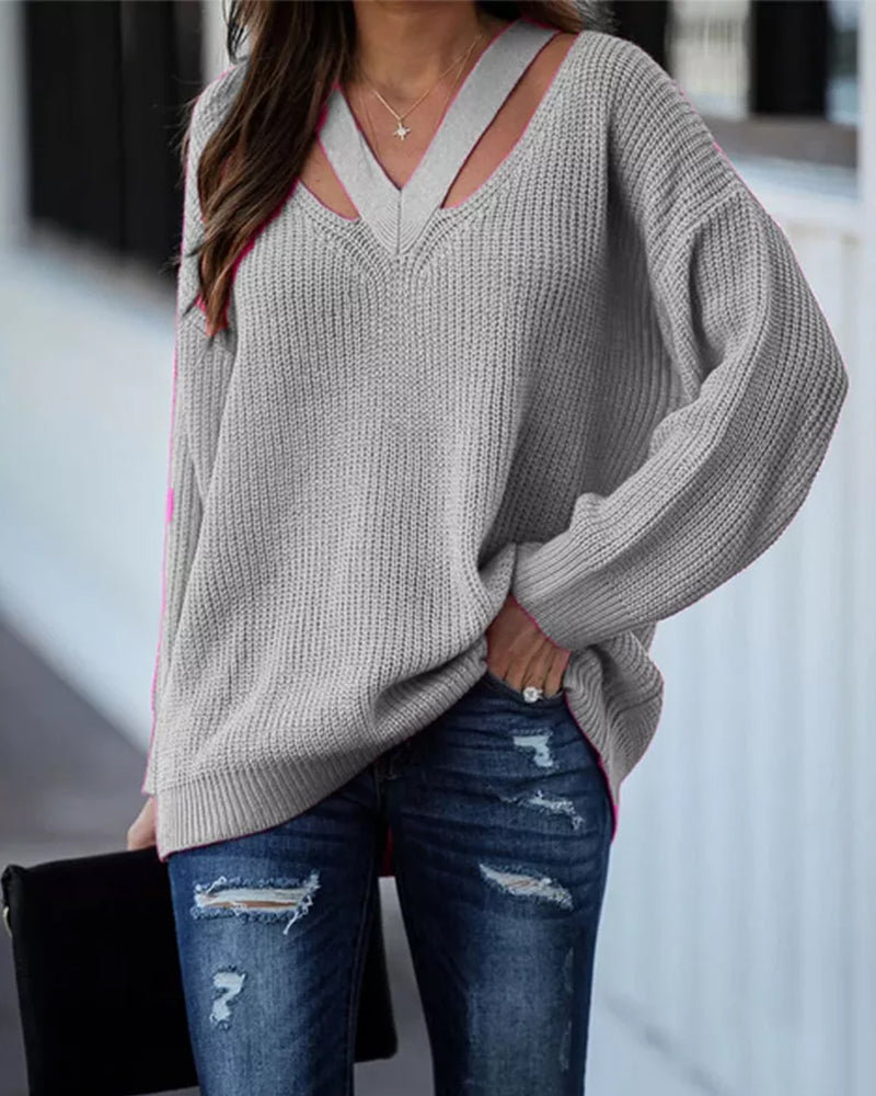 Modefest- Einfarbiger Pullover mit V-Ausschnitt Grau