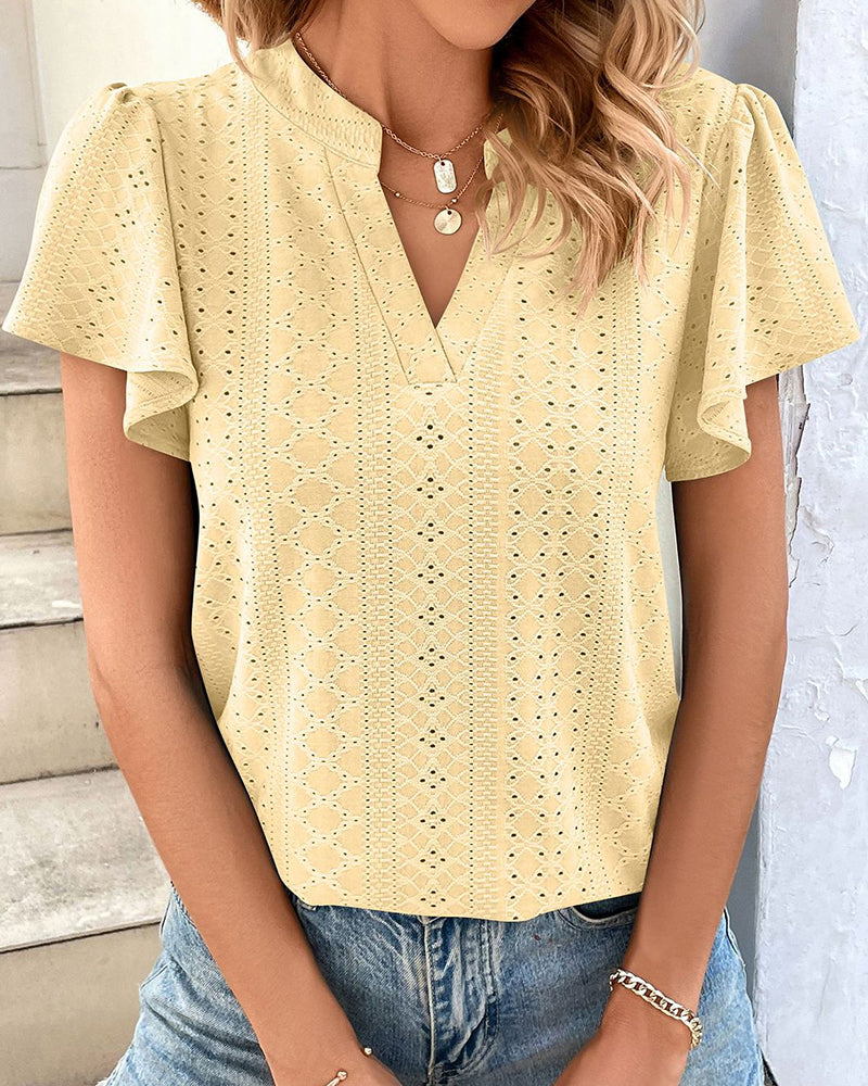 Modefest- T-Shirt mit Rüschenärmeln und V-Ausschnitt Gelb