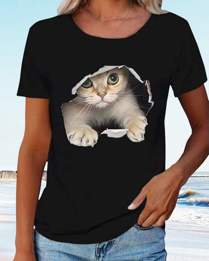 Modefest- T-Shirt mit zerrissenem Katzen-Print Schwarz-3