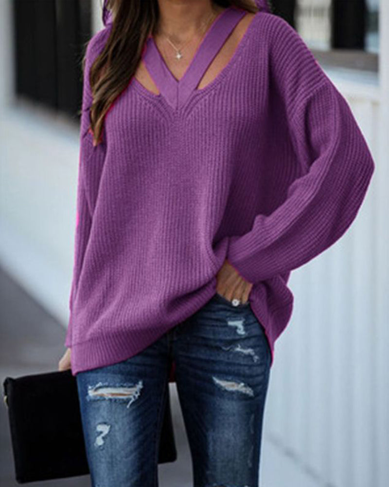 Modefest- Einfarbiger Pullover mit V-Ausschnitt Violett
