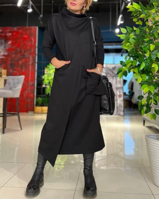 Modefest- Hochgeschlossenes Kleid mit Taschen Schwarz