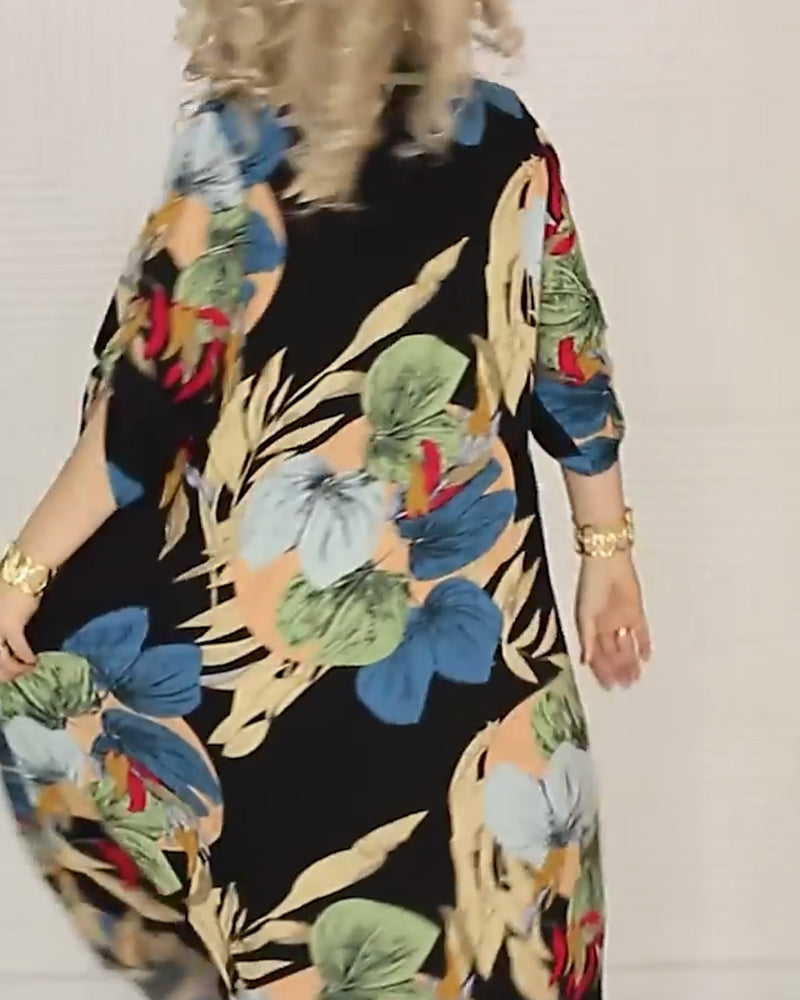 Loose, colorful printed dress with lapels