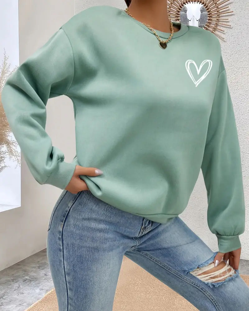 Modefest- Einfarbiges Sweatshirt mit Herzdruck Grün