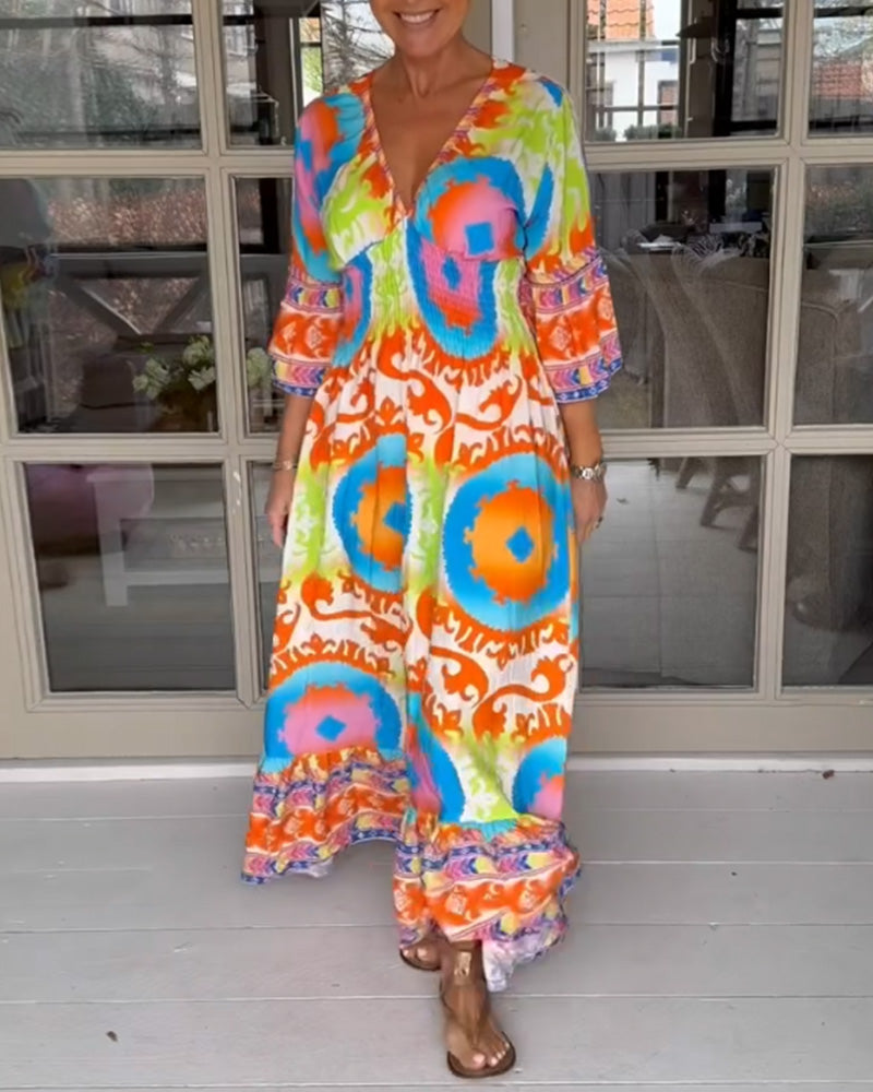Modefest- Buntes bedrucktes Boho-Urlaubskleid mit V-Ausschnitt Mehrfarbig