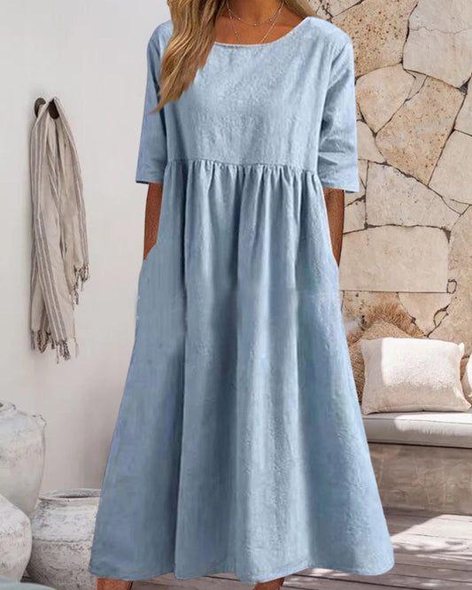 Modefest- Einfarbiges Kleid aus Baumwollleinen Blau