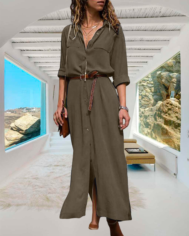 Modefest- Einfarbiges Langarmkleid mit Knopf und Gürtel Olivgrün