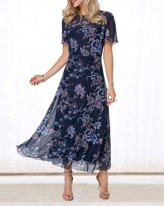Modefest- Elegantes Kleid im Vintage-Print mit kurzen Ärmeln Marineblau