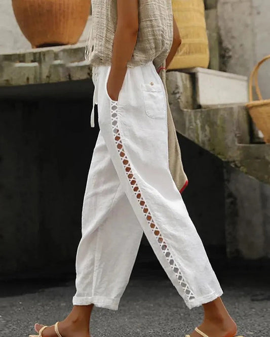Modefest- Ausgehöhlte Hose aus Baumwoll-Leinen Weiß