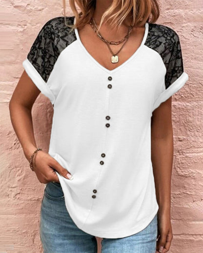 Modefest- Farbblock-T-Shirt mit V-Ausschnitt aus Spitze Weiß