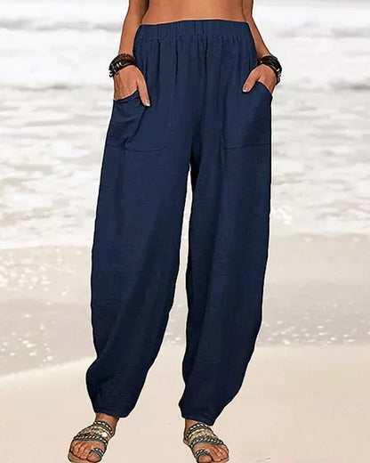 Modefest- Lose Freizeithose für Damen aus Baumwollleinen Marineblau