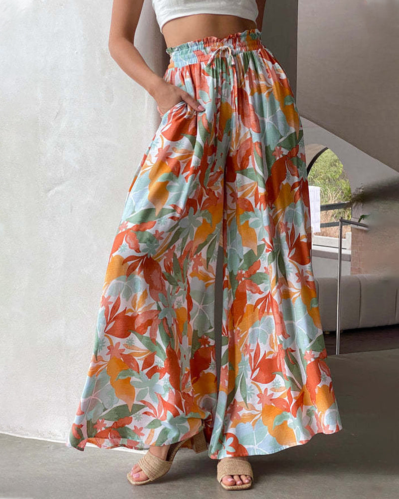 Modefest- Lässige Hose mit weitem Bein und Blätterdruck Orange