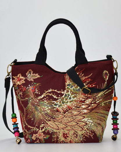 Modefest- Tasche im ethnischen Stil mit Pfau-Stickerei Weinrot Umhängetasche