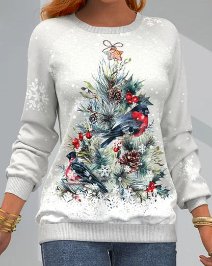 Modefest- Langarm-Sweatshirt mit Weihnachtsbaummuster und Vogel- und Schneeflockendruck