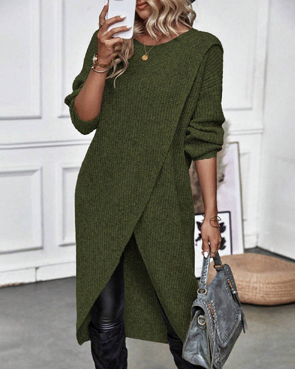 Modefest- Einfarbiges Pulloverkleid mit unregelmäßigem Saum Grün