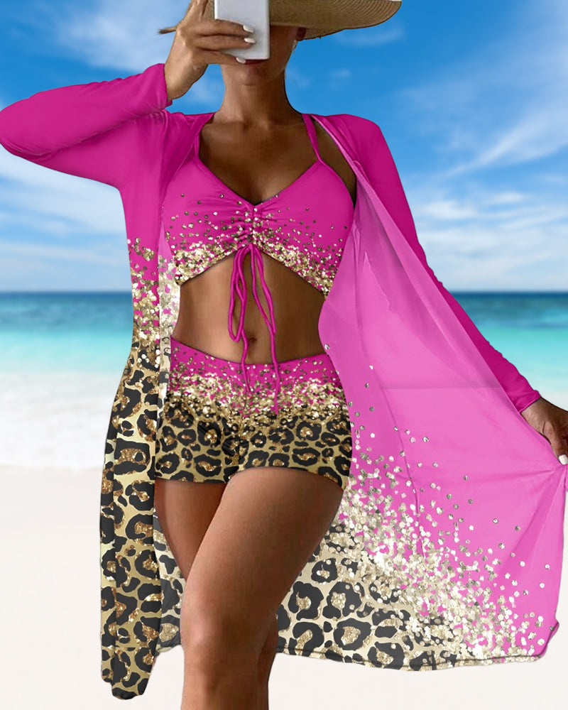 Modefest- Dreiteiliger Badeanzug mit Leoparden-Ombre-Print