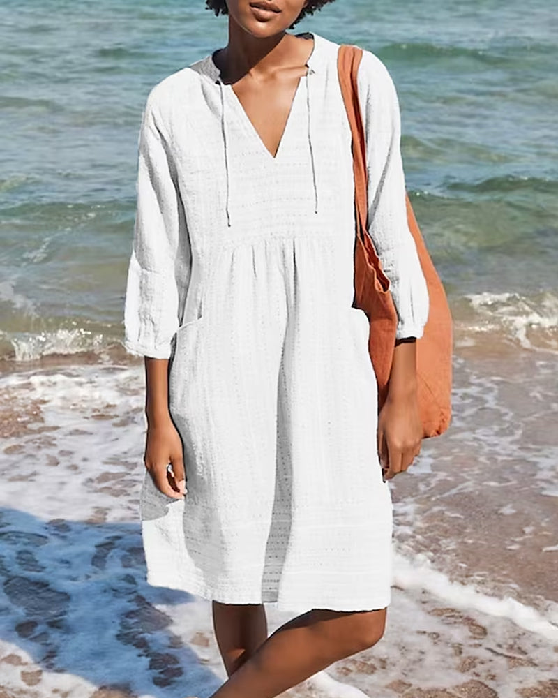 Modefest- Einfarbiges Resort-Kleid mit Tasche Weiß