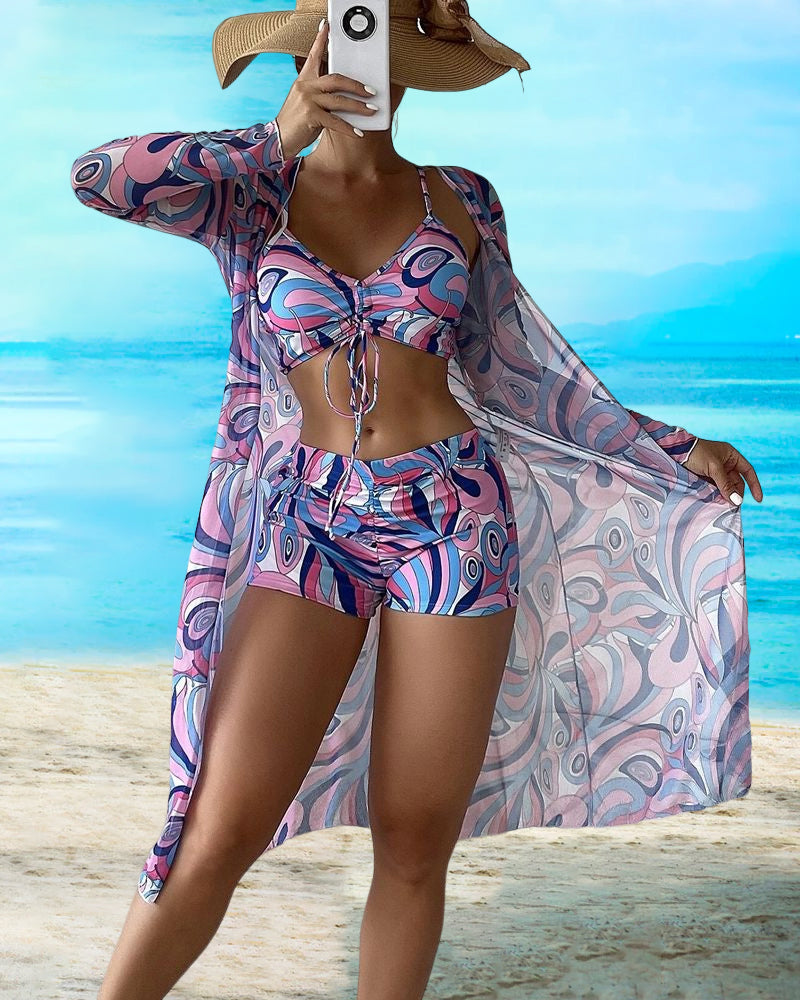Modefest- Dreiteiliger bedruckter Bikini-Badeanzug Rosa