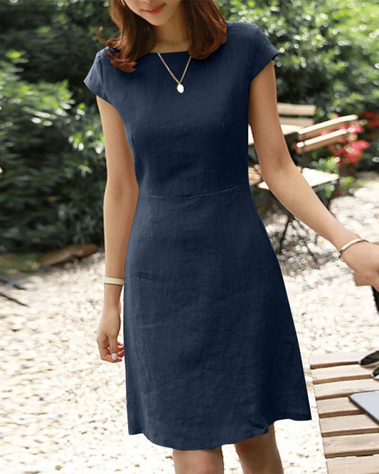 Modefest- Einfarbiges Kleid aus Baumwolle und Leinen Marineblau
