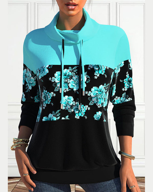 Modefest- Sweatshirt mit Blumenprint und Kordelzug Blau