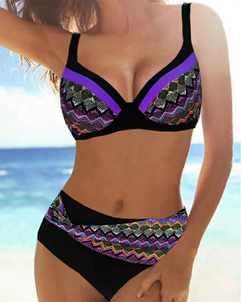 Modefest- Push-up-Bikinis mit hoher Taille und Streifendruck Violett