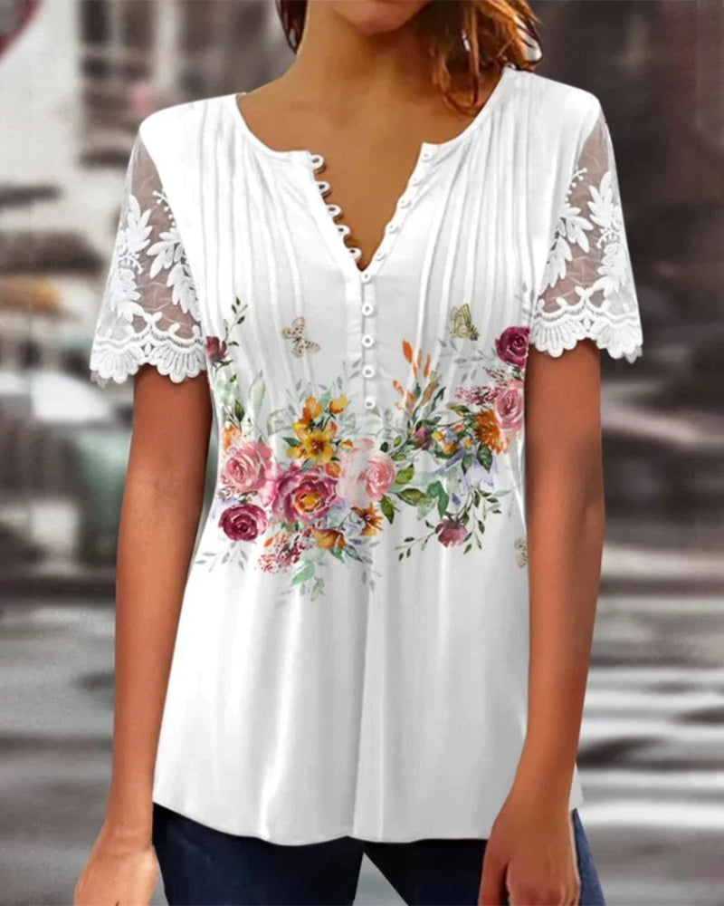 Modefest- Spitzen-T-Shirt mit Blumendruck und kurzen Ärmeln Weiss
