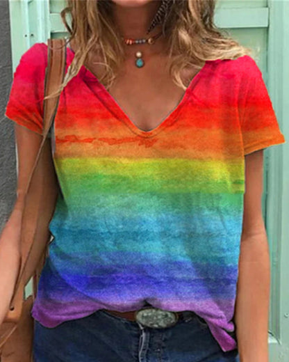 Modefest- Lässiges T-Shirt mit V-Ausschnitt und Regenbogen-Print Rot