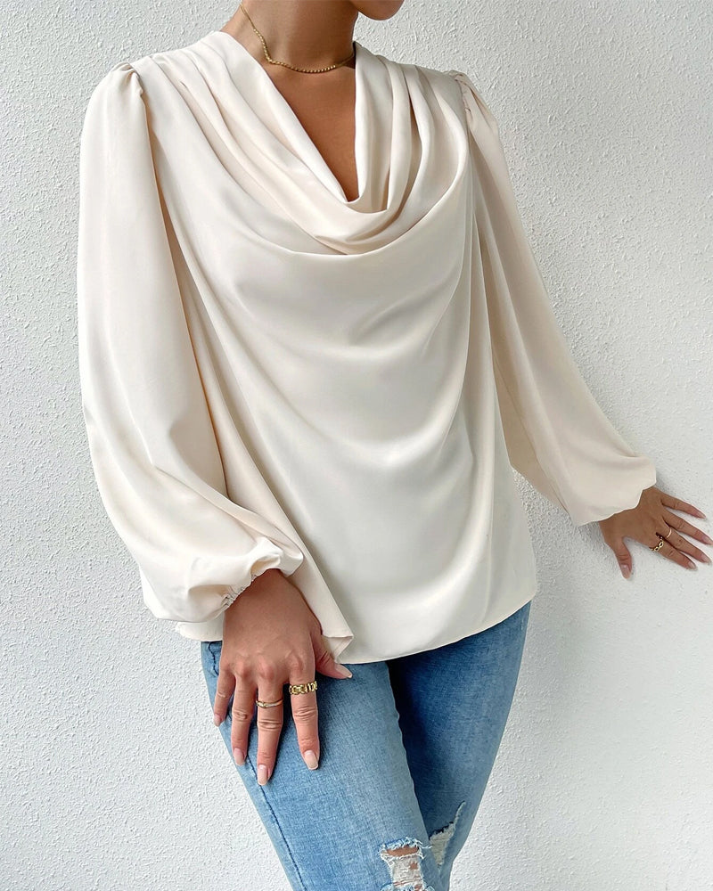 Modefest- Einfarbige Bluse mit Wasserfallausschnitt Beige