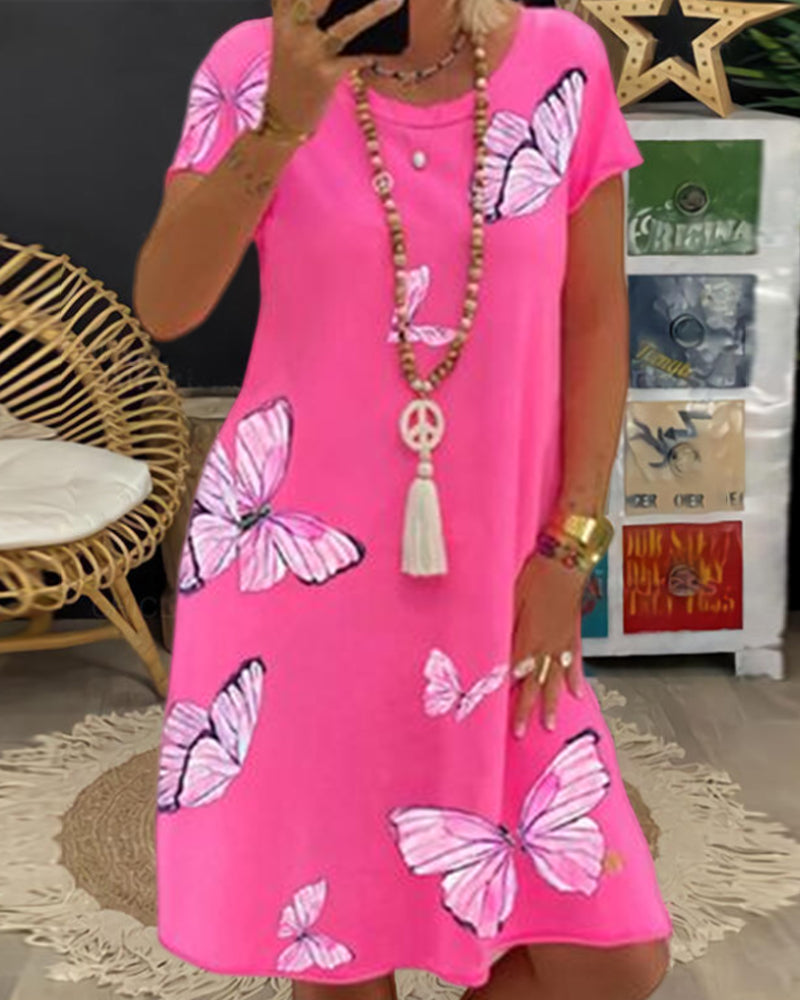 Modefest- Kurzärmliges Kleid mit Schmetterlingsdruck Rosa