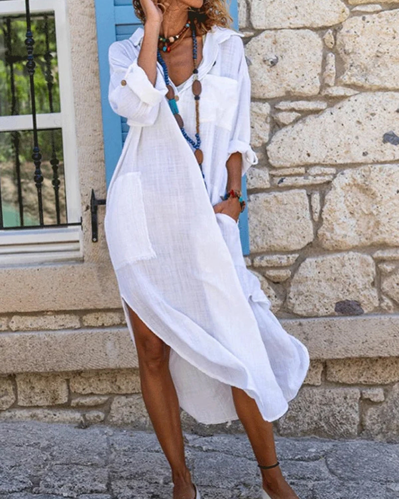 Modefest- Einfarbiges Hemdkleid mit langen Ärmeln Weiss
