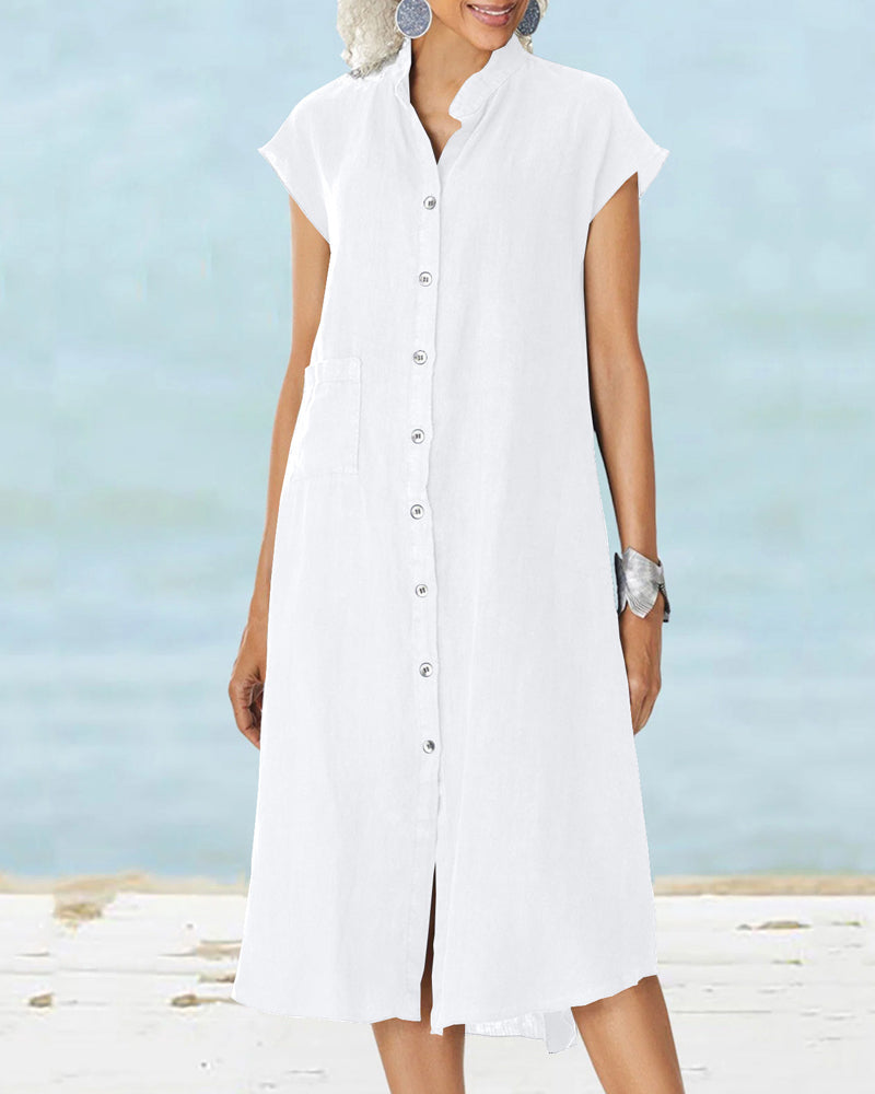 Modefest- Einreihiges Kleid mit Stehkragen und Tasche Weiß